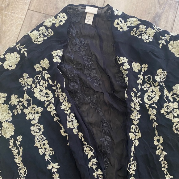 H&M Black Sheer Golden Floral Embroidered Detail Kimono Wrap Jacket Duster 8 M - Picture 6 of 6